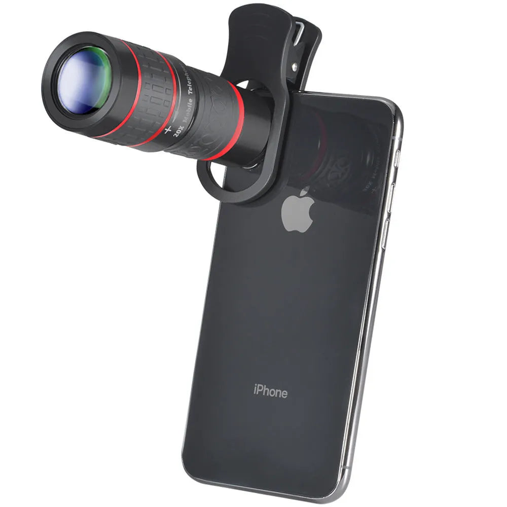 20x magnification mobile phone telephoto lens with universal mounting clip and single eye mask.