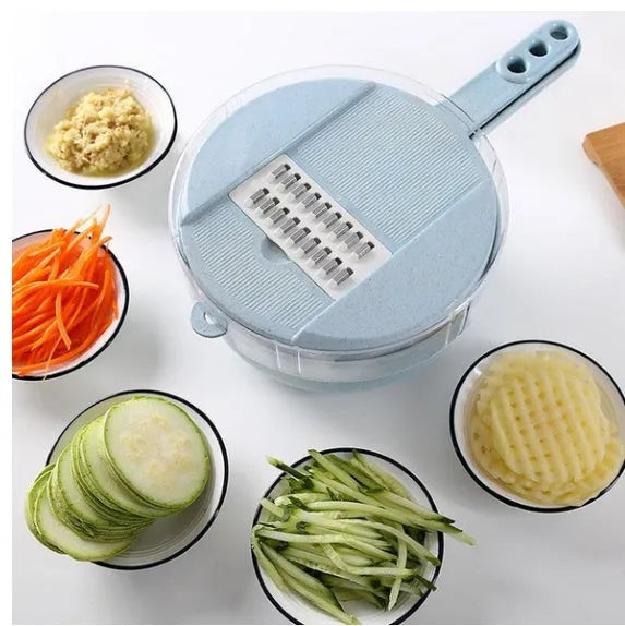 8 in 1 mandoline slicer set with stainless steel blades, drain basket, container and hand protector, 29.5 cm x 12.0 cm x 9.5 cm