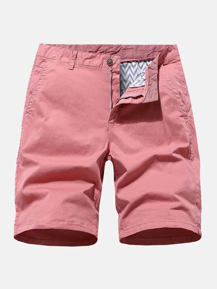 Men's blue printed denim casual shorts with elasticated waistband laid flat.