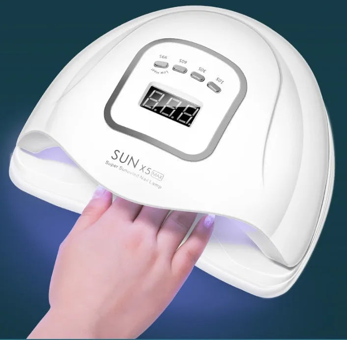 White nail polish drying lamp with dual UV LED light source and multiple timing buttons