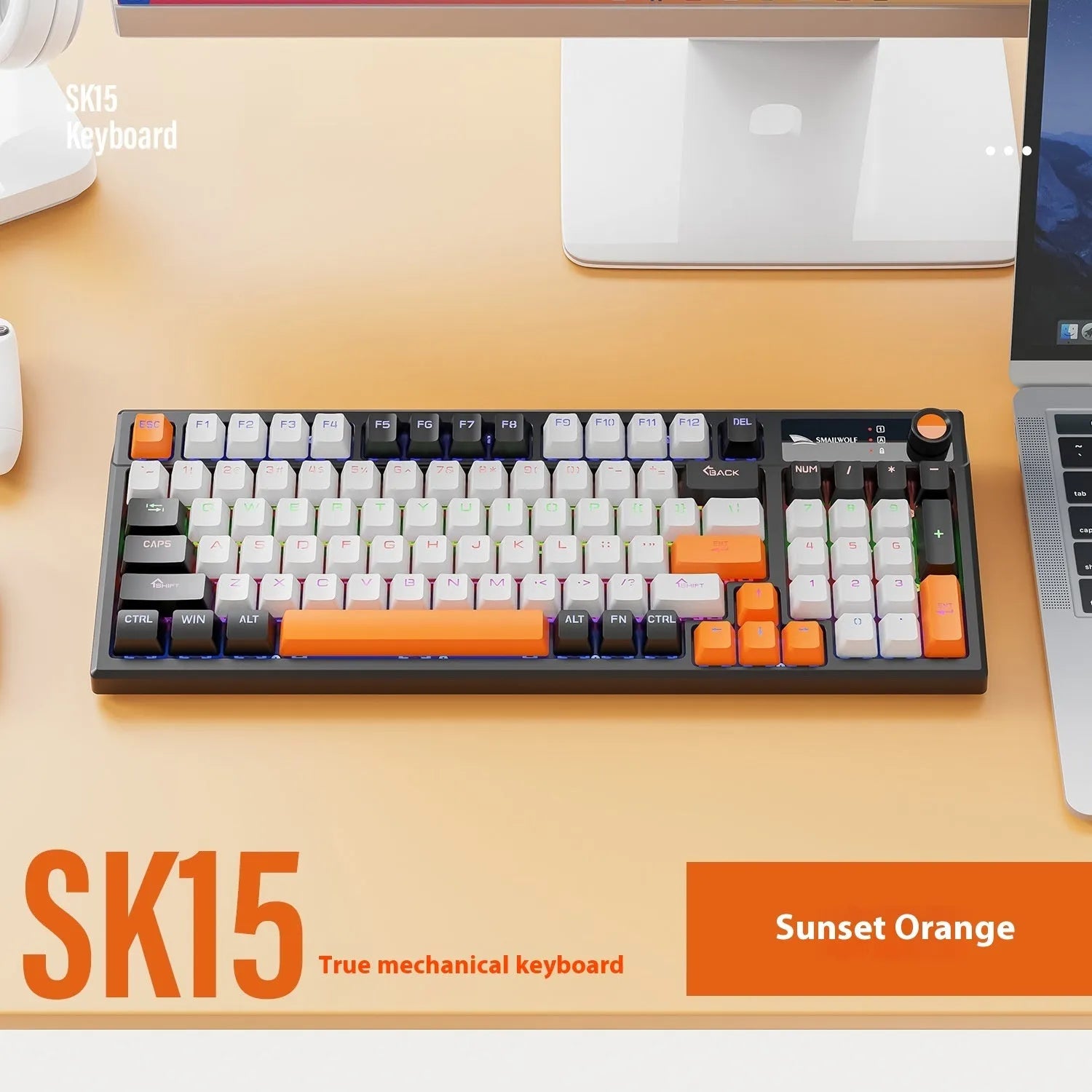 SK15 wired mechanical keyboard for laptops with mixed light green switches in three colour options