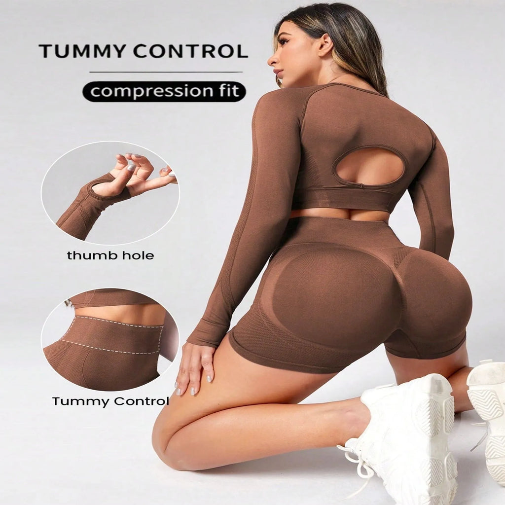 Women's yoga clothes suit set showing high waist leggings and long sleeve pullover top