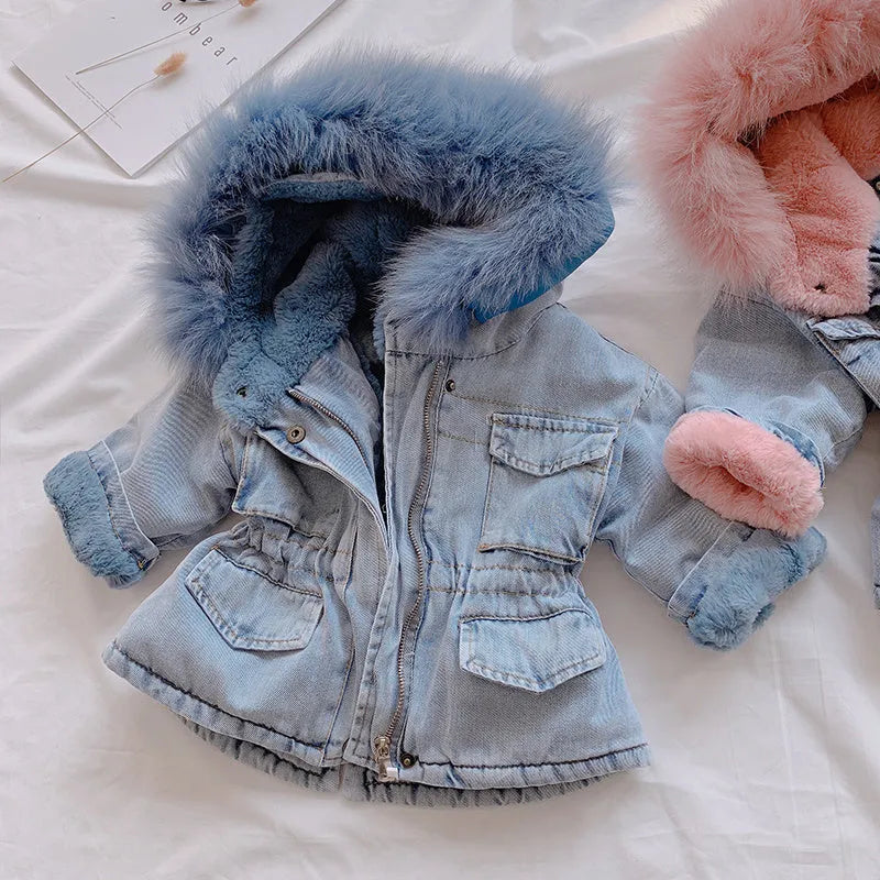 Girls denim coat with fixed hat and plus velvet lining, available in blue and pink, sizes 80cm to 120cm.