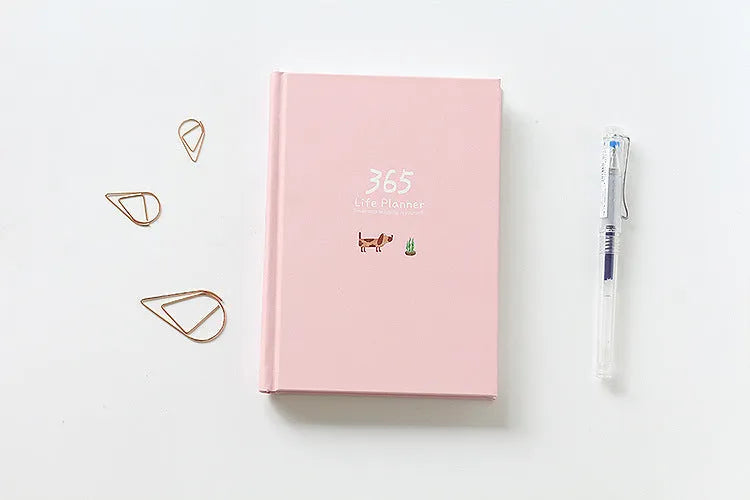 Hardback notebook planner 13.5x18.2cm 228 pages with 365 day plan, dark green or pink cover