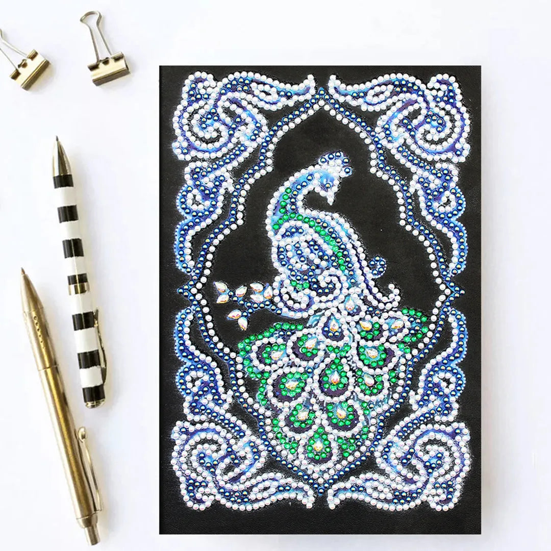 A5 diamond painting notebook with peacock design using shaped and bright drill crystals