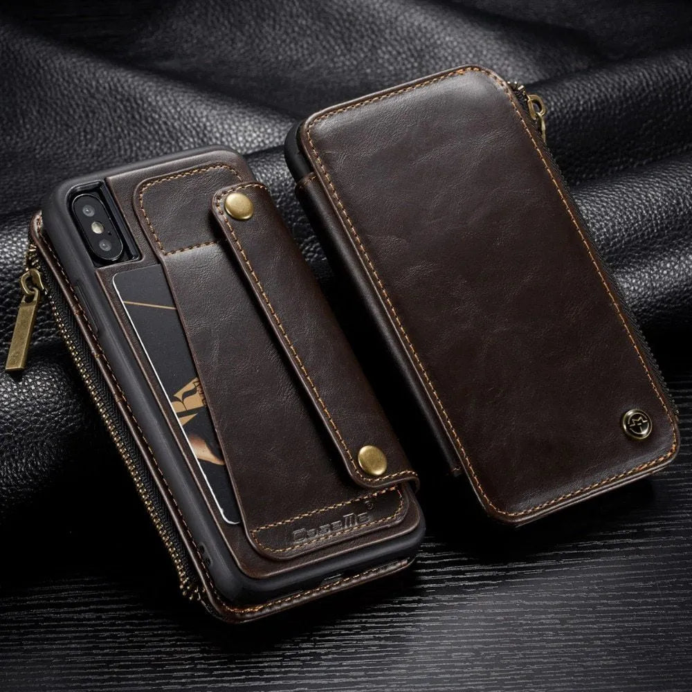 Black PU leather flip phone case for Samsung Galaxy Note9 showing card slots and magnetic closure.