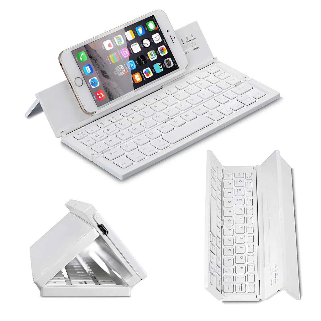Black folding wireless Bluetooth keyboard for tablets with numeric keypad shown open and closed