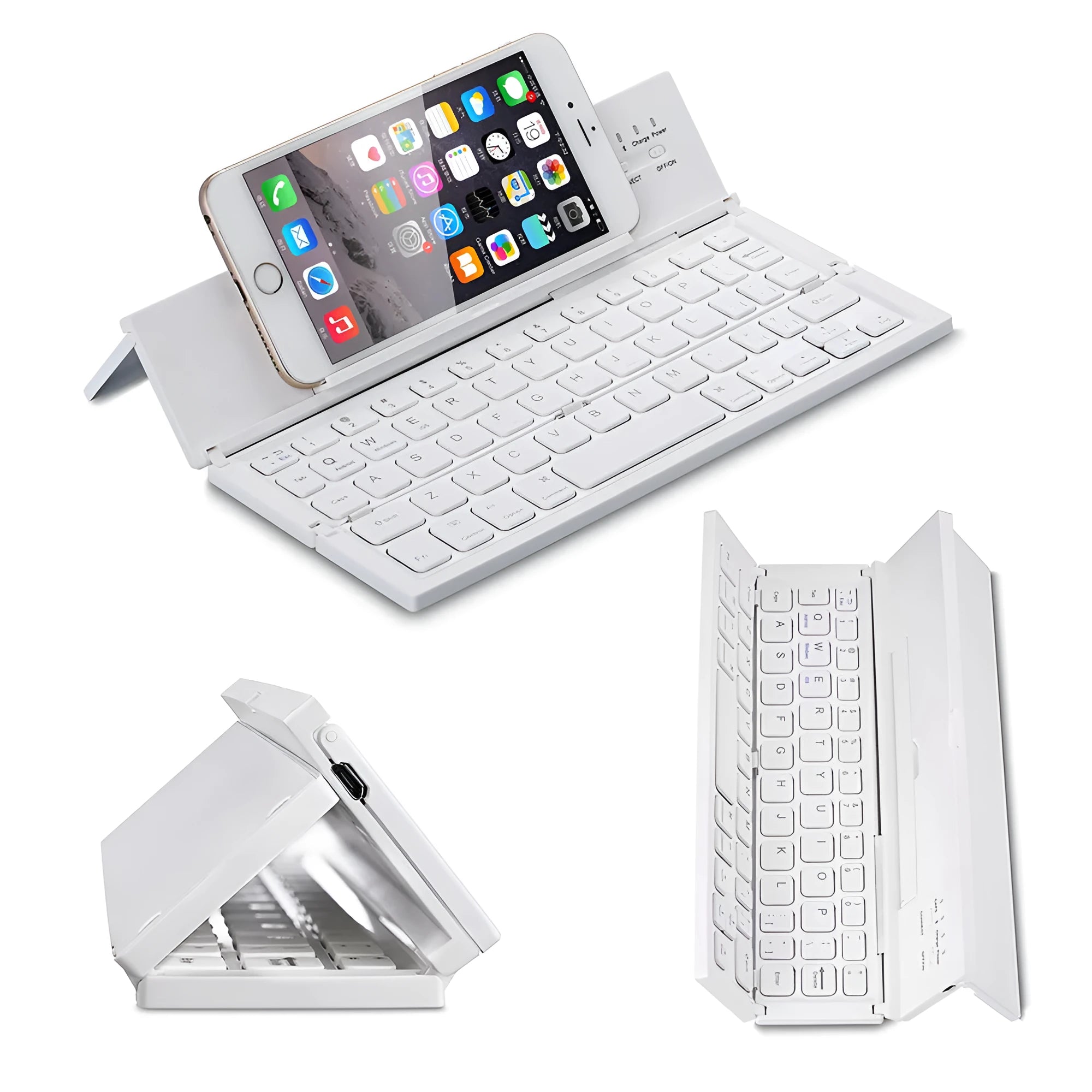 Black folding wireless Bluetooth keyboard for tablets with numeric keypad shown open and closed