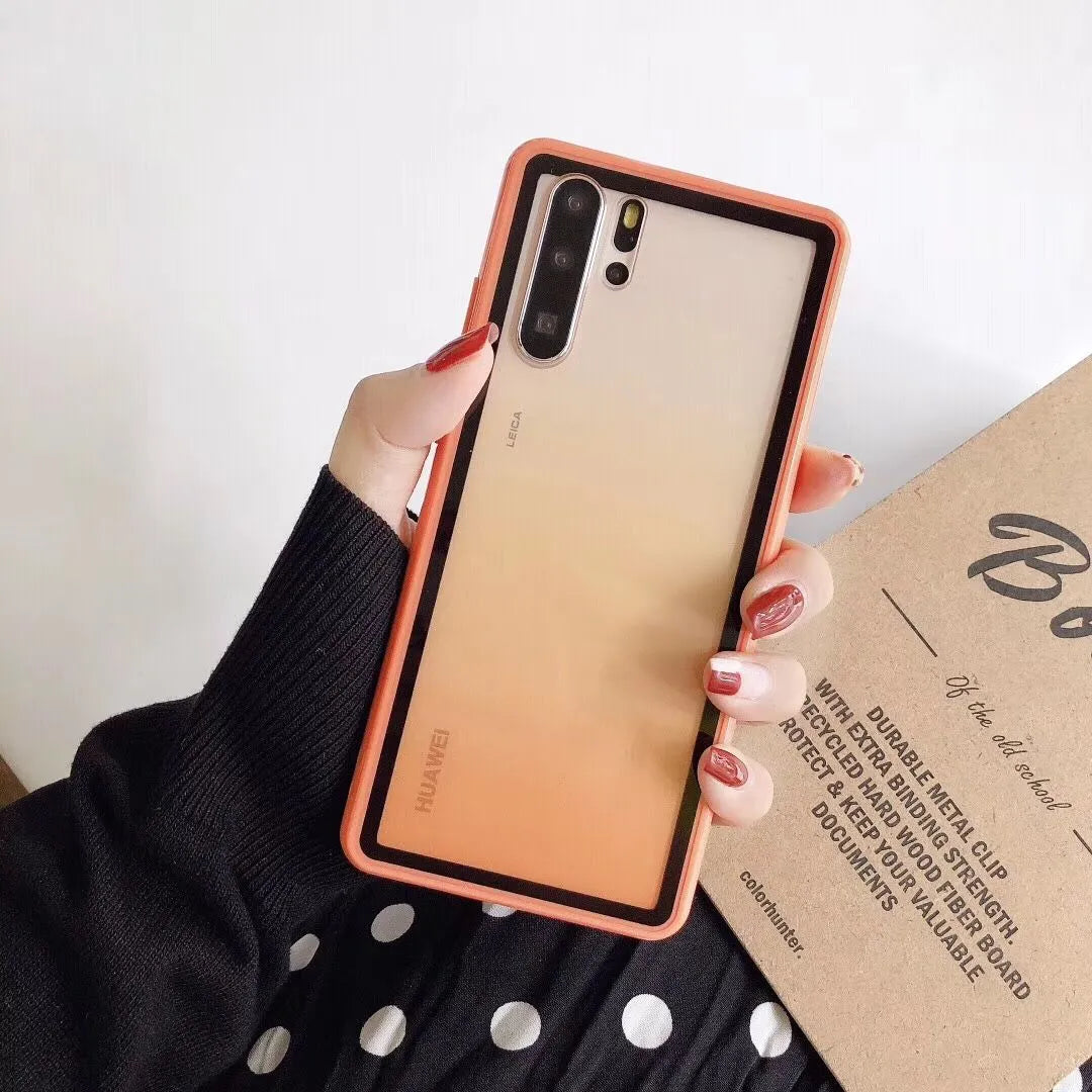 Huawei smartphone case in black, green, orange, or pink, showing TPU bumper and PC backplate.