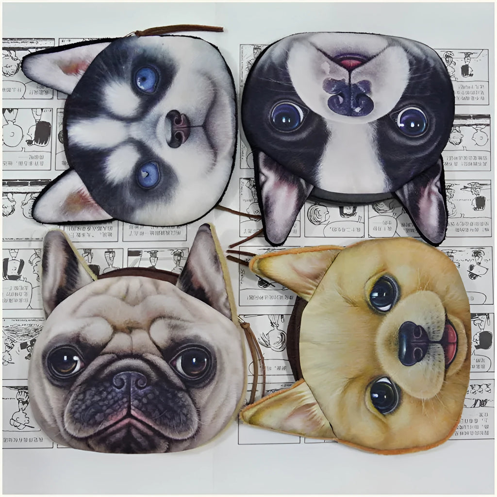 Cute cat face zipper coin purse in soft plush material, 13x12.5cm size, isolated on background