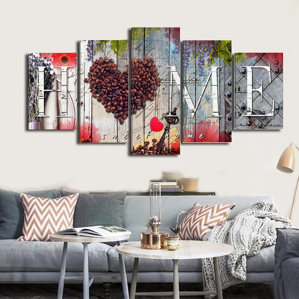 Set of five red oil painting decoration boards in coordinated sizes for gallery wall display