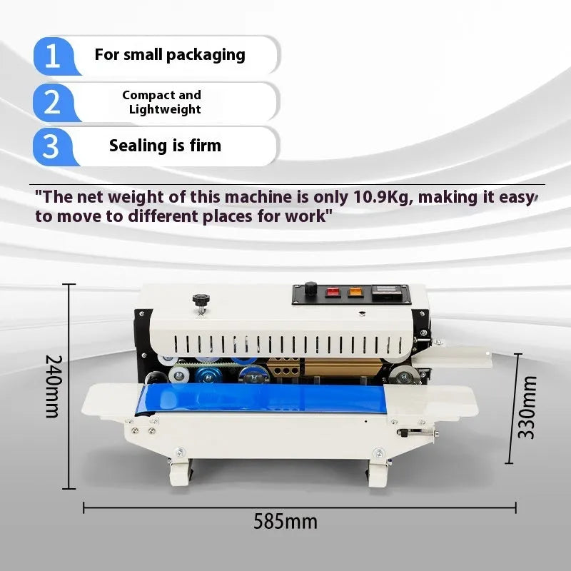 Mini handheld L1 steel seal impulse heat sealer with integrated date stamp for plastic bags.
