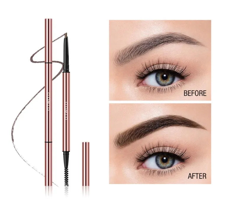 Triangular eyebrow makeup pencil in a colour box with six shade options including Auburn and Blonde.