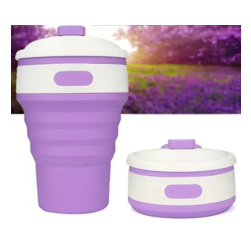 Collapsible silicone travel cup shown expanded and folded with leak-proof cover