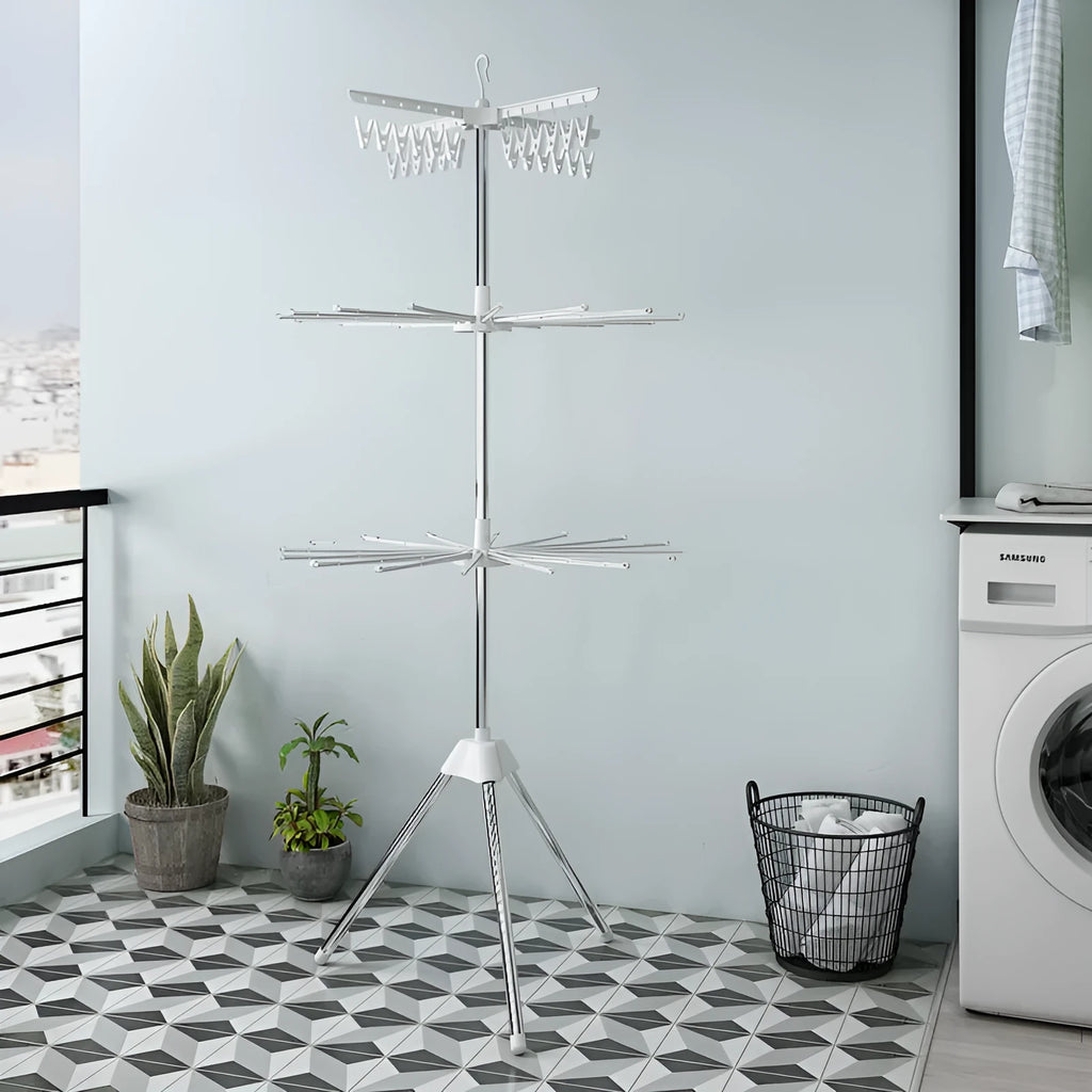 Three-layer stainless steel mobile drying rack with plastic clips for socks and delicate items