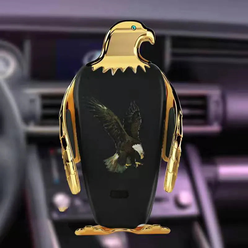 Eagle style wireless charging car phone holder with snap-on suction cup in black and gold.