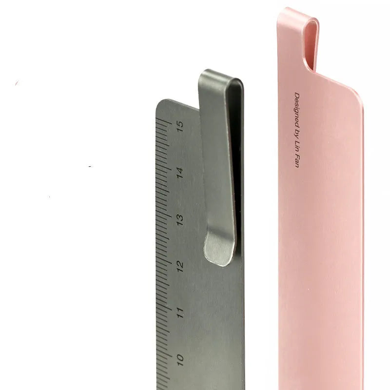 Black grey aluminium bookmark ruler with laser-engraved 15cm measuring scale