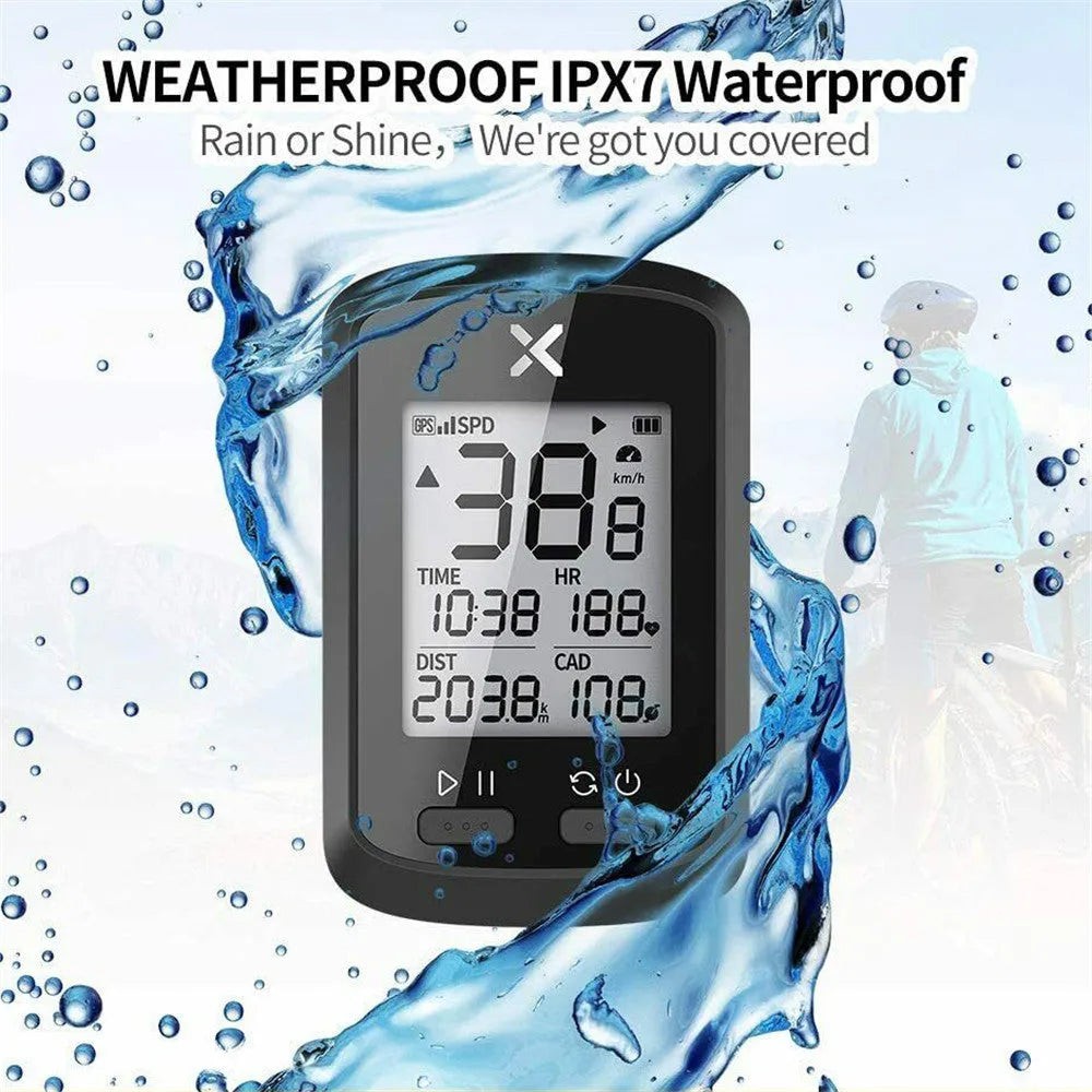 Black waterproof bicycle stopwatch with digital display mounted on bike handlebars