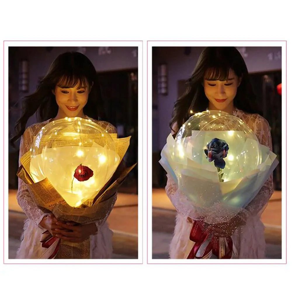 Transparent LED luminous balloon rose bouquet with artificial flowers and integrated lights for party decorations
