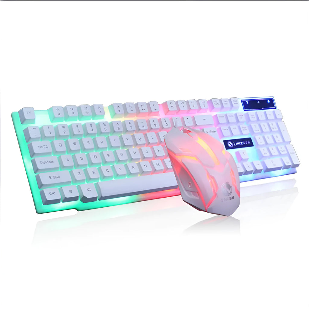 GTX300 wired gaming keyboard and mouse set on a desktop, showing backlit keys.