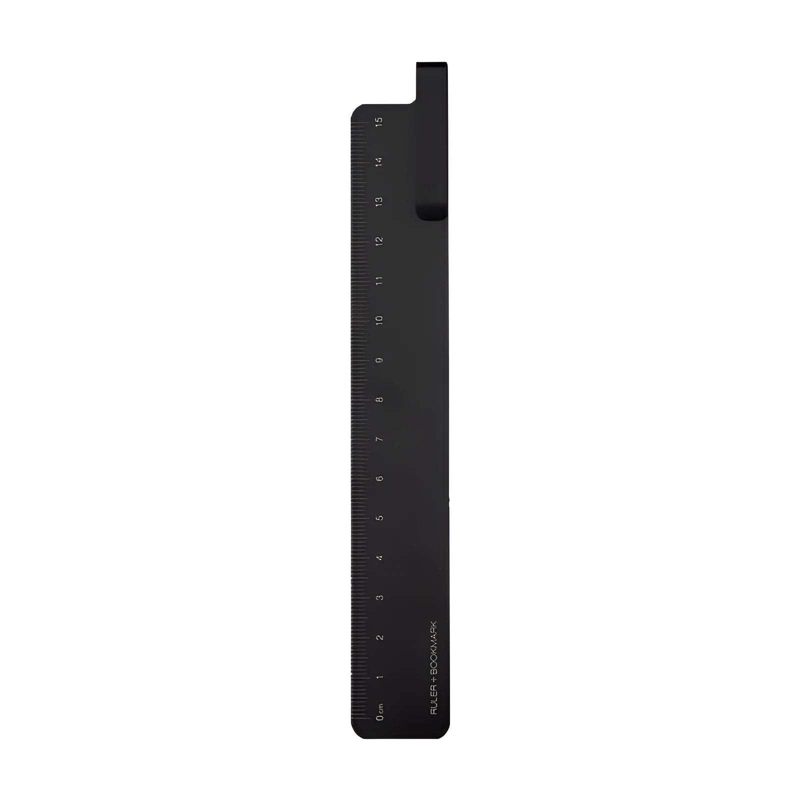 Black grey aluminium bookmark ruler with laser-engraved 15cm measuring scale