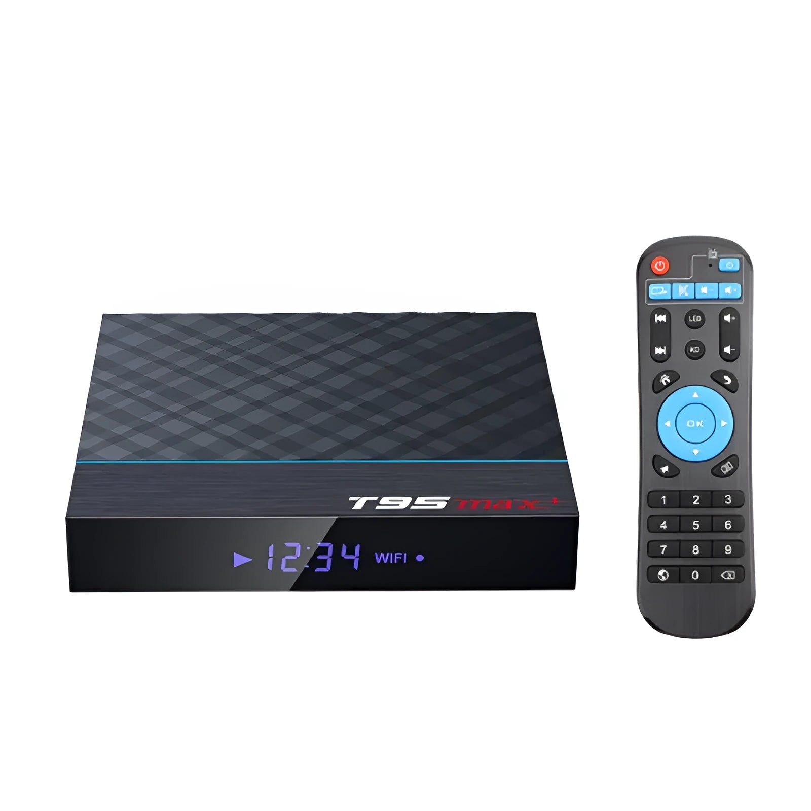 Black T95 Max Plus Android Smart TV Box with remote control on a wooden surface.
