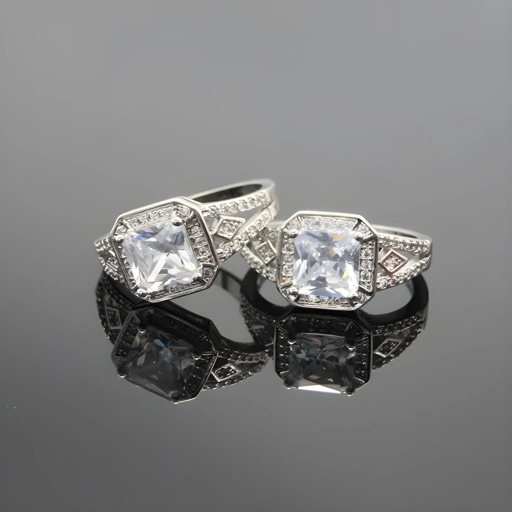 Women's platinum-coloured zircon ring with hollow geometric design and quadrilateral patterns