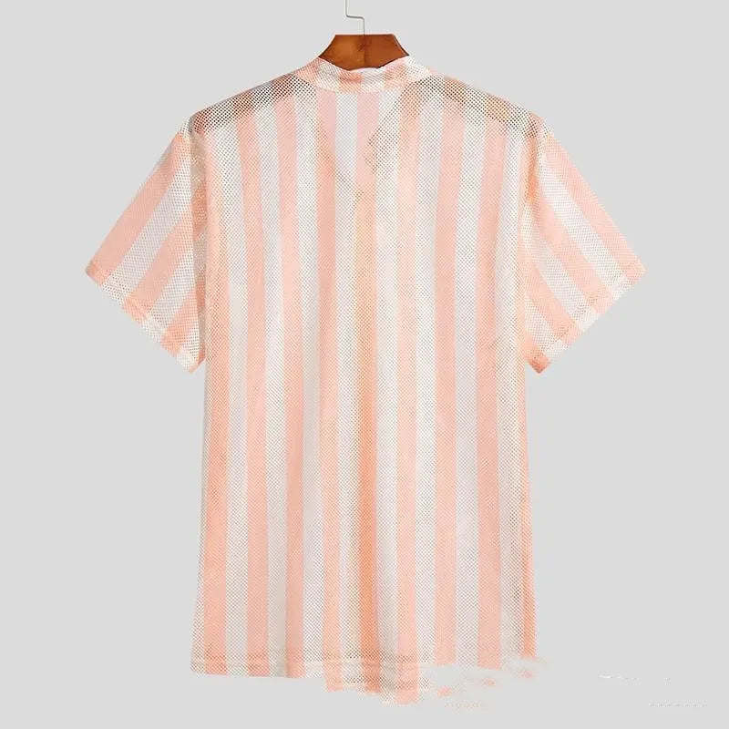 Pink waffle knit men's cardigan shirt with short sleeves laid flat