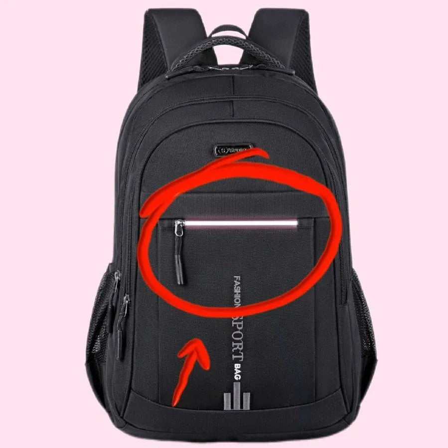 Oxford cloth capacity backpack with airpillow straps showing sewing line detailing in business travel setting