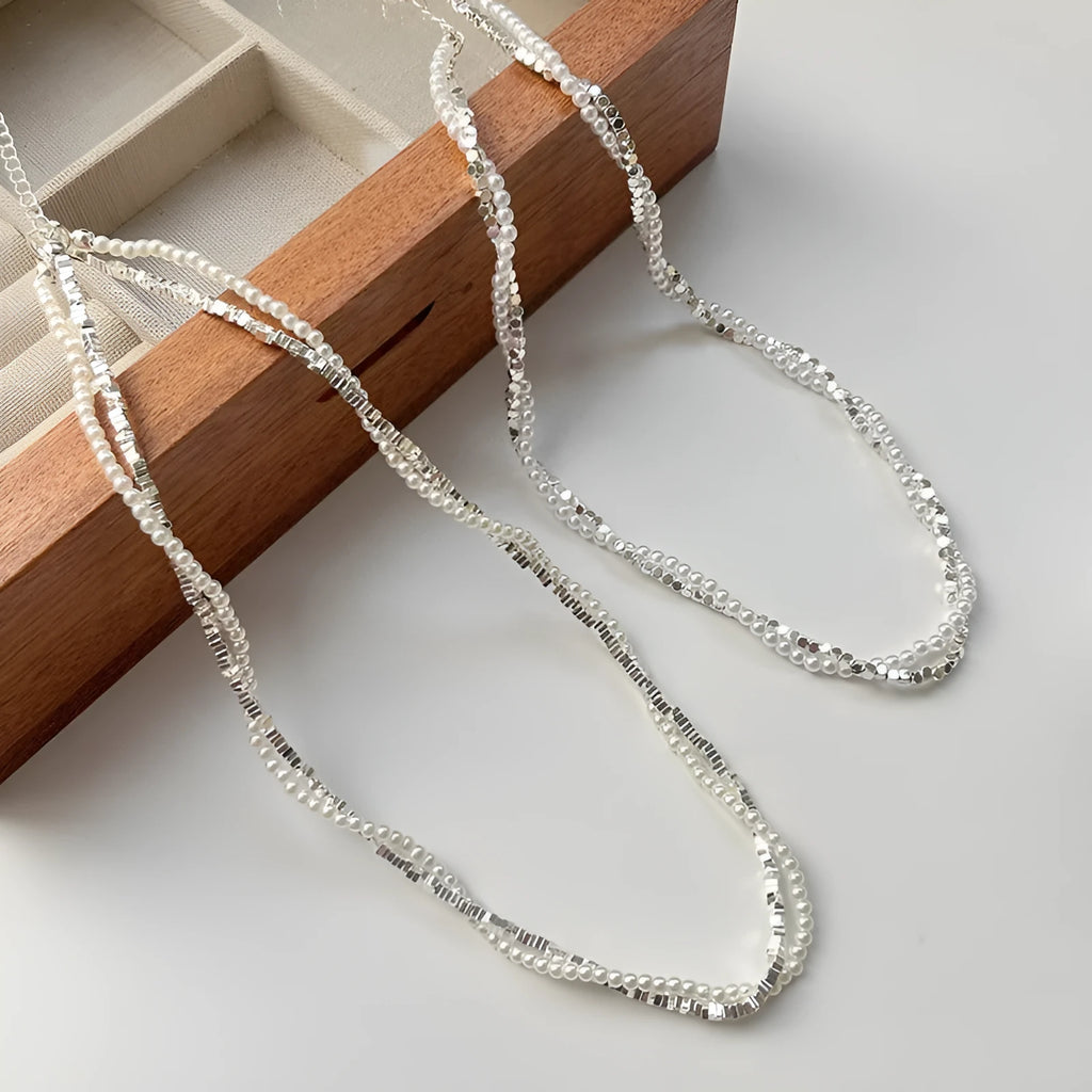 Double-layer winding small pieces silver pearl necklace for women fashion OL style with copper pearl chain