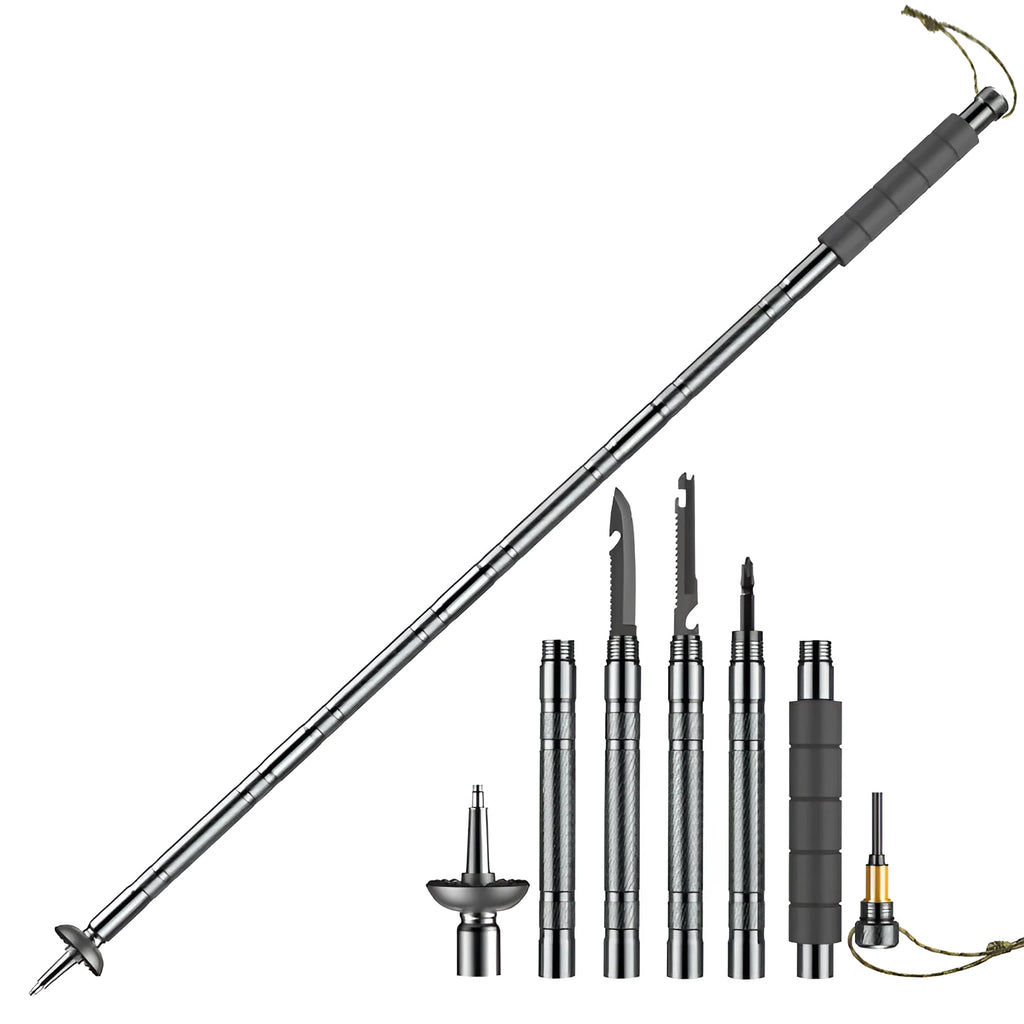 Dark grey adjustable aluminium alloy trekking pole with tactical knife and whistle accessories