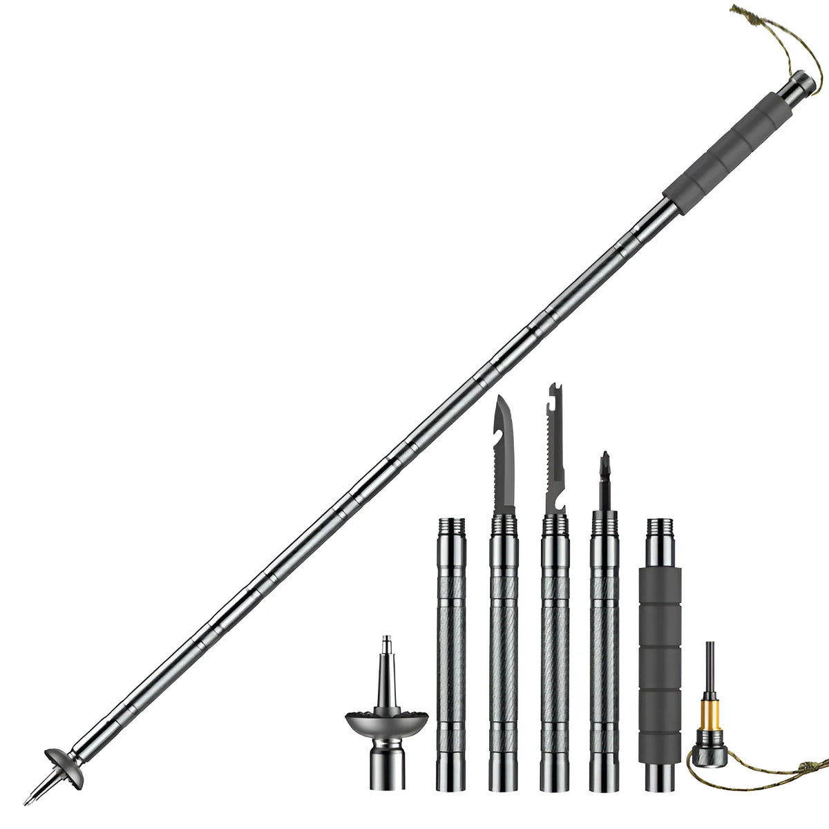 Dark grey adjustable aluminium alloy trekking pole with tactical knife and whistle accessories