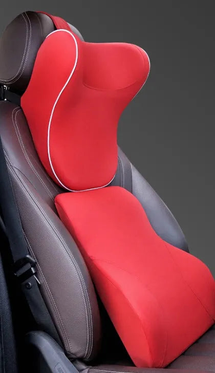 Car headrest and lumbar support cushion set in gray on a car seat