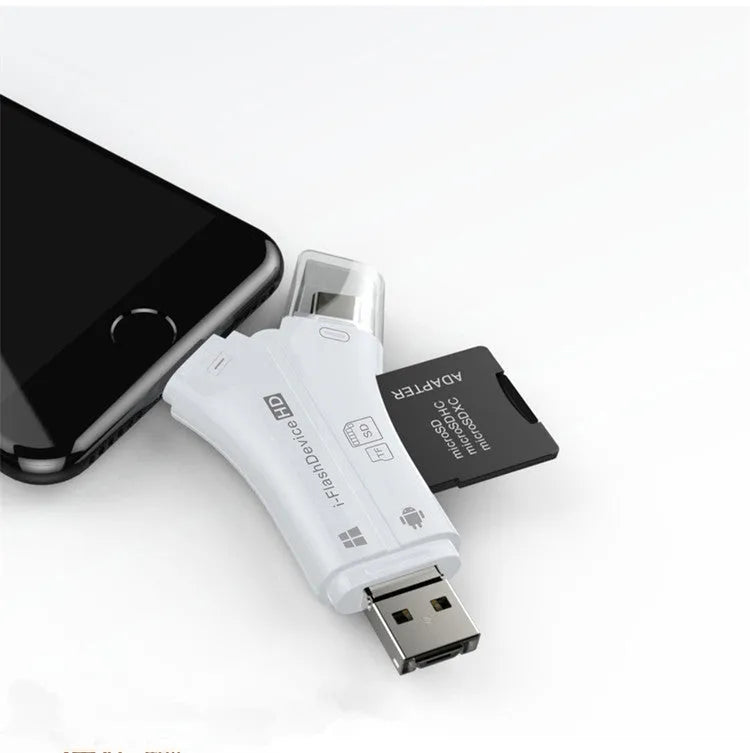 White 4-in-1 card reader for iPhone and Android with SD and Micro SD slots