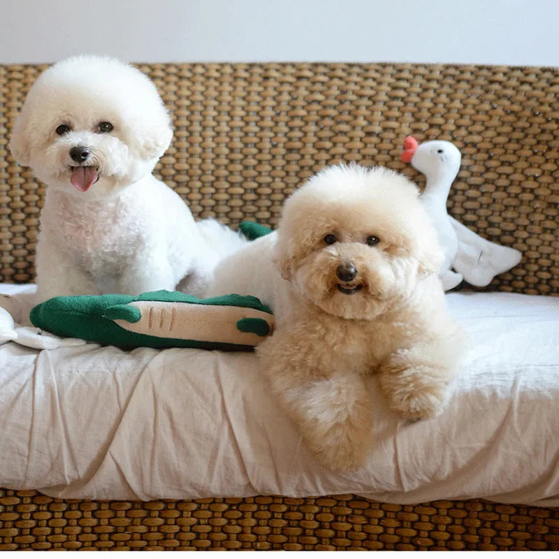 Green plush toy dog soft toy on white background, showing its 35cm length.