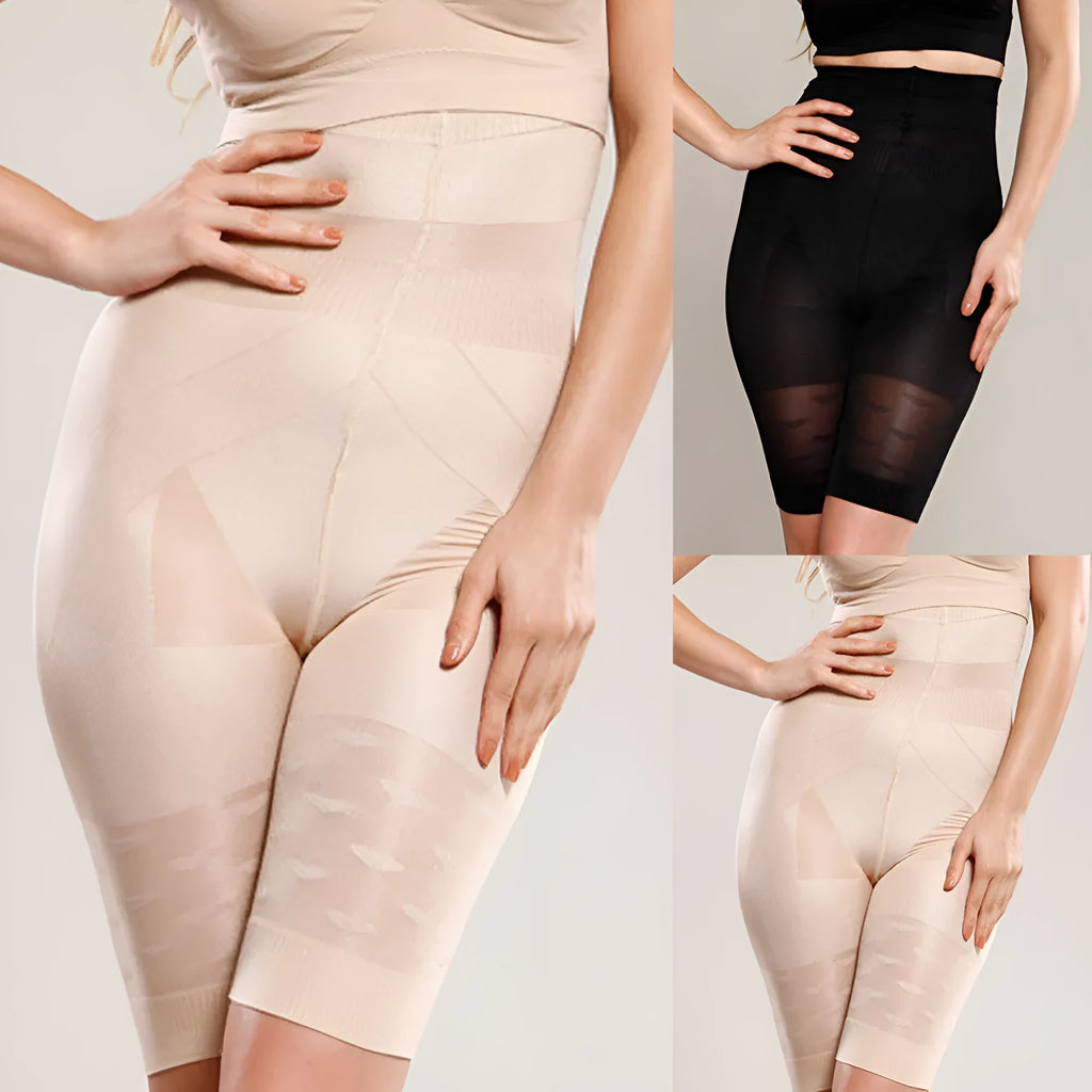 Women's black seamless high-waisted shapewear shorts for tummy control laid flat