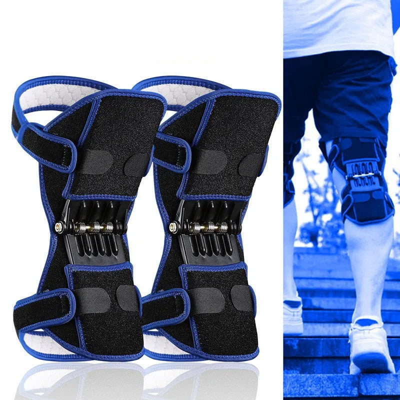 Adjustable spring knee brace support for mountaineering and squat sports, shown in black.