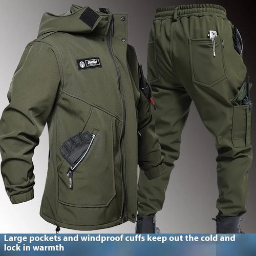 Fleece-lined waterproof jacket suit two-piece set in Black, Army Green, and Gray, sizes 165-190, for men and women