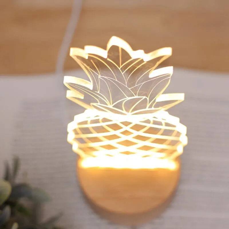 Cartoon pineapple bedside table lamp with wood and acrylic construction and USB power cable