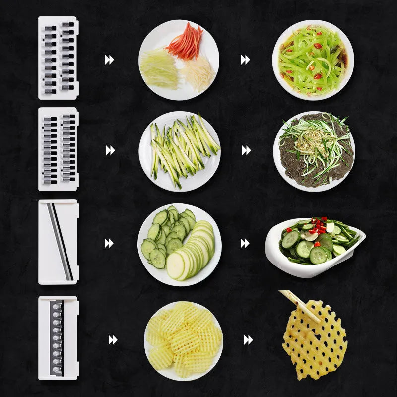 Vegetable cutter with four blades, hand protection, drain basket and bottom basin in dark blue, pink, white or light blue