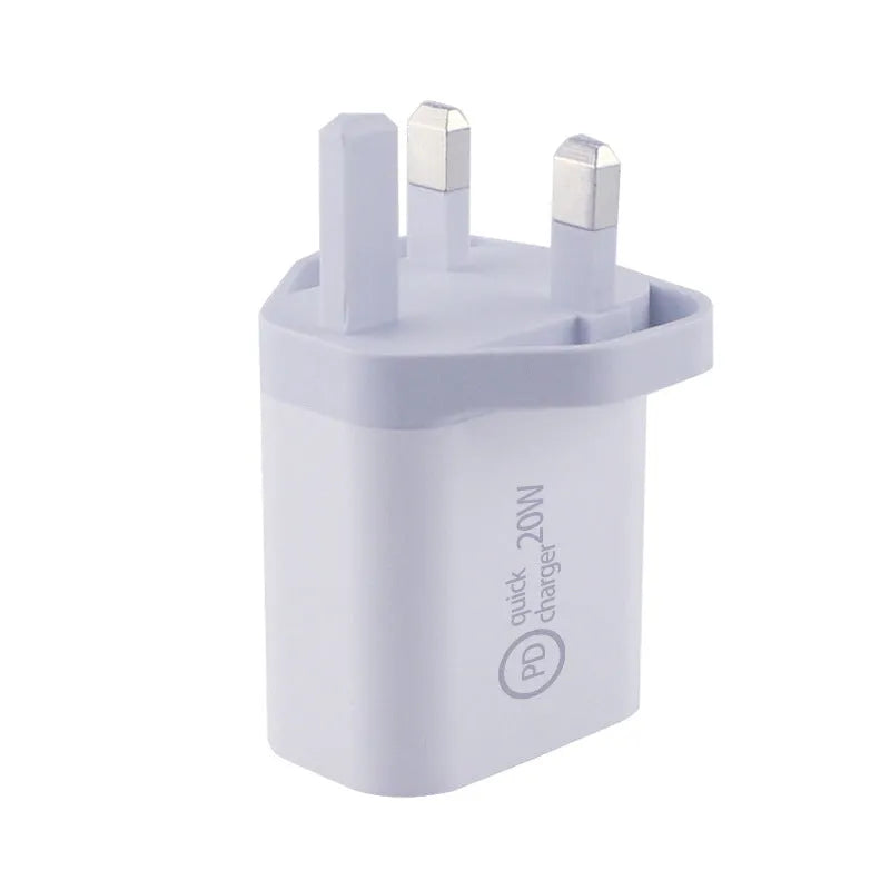 USB-C 18W PD wall charger with attached regional plug and a USB-C to USB-C cable