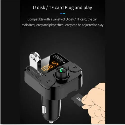Black ABS car MP3 player Bluetooth FM transmitter with LED display and USB charging port on white background