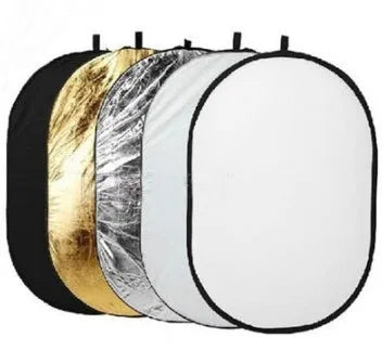 60x90cm collapsible photography reflector showing gold, silver, white, black, and translucent surfaces with carrying bag