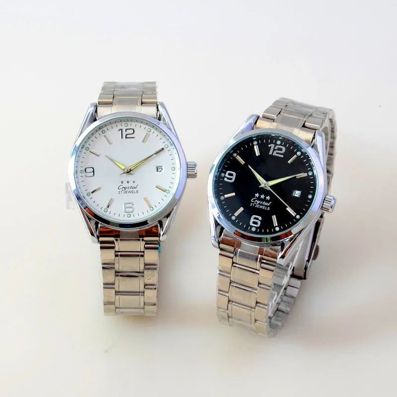 Men's automatic mechanical watch with 40.5mm dial, mineral glass, black dial, and pointer display