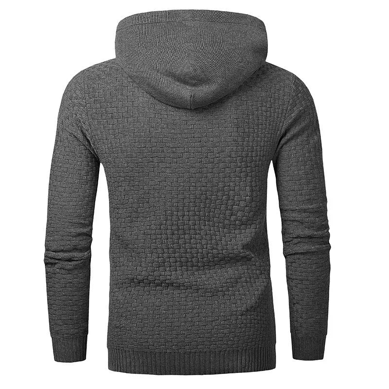 Men's grey cotton-polyester blend hooded sweatshirt on a hanger, showing front design and hood.