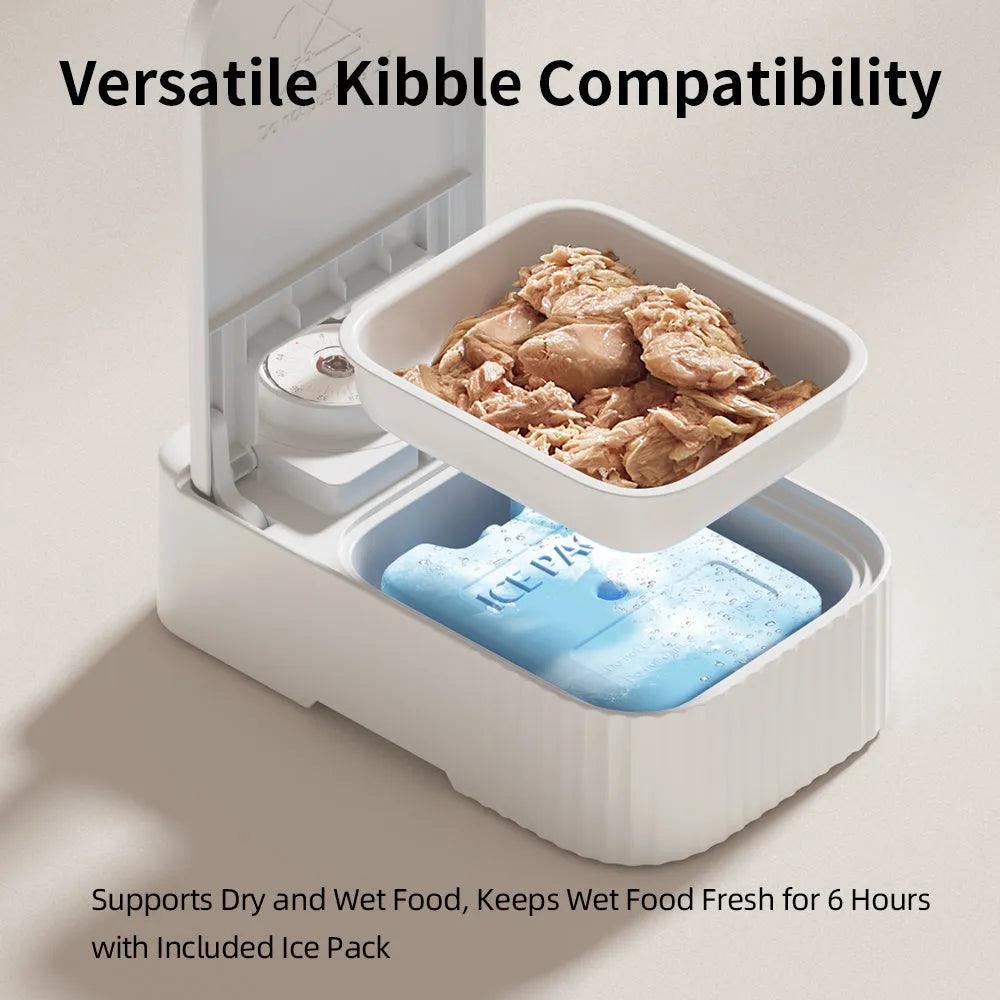 White electronic pet feeder with timer display and ice crystal compartment for 48-hour food freshness