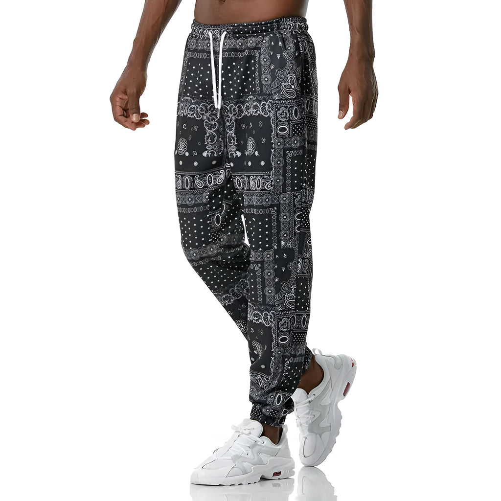 Ethnic printed straight-leg slacks in basic Korean style, mid-rise waist, no belt, available in multiple sizes