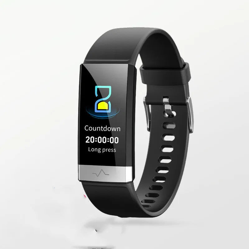 V19 smart fitness bracelet in black, showing display with health metrics on a wrist.