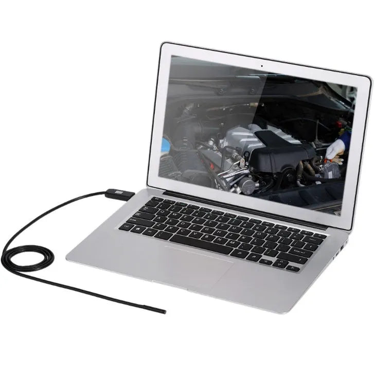 OWSOO USB endoscope camera with 5m cable, hook, magnet, and mirror attachments for phone and computer inspection.
