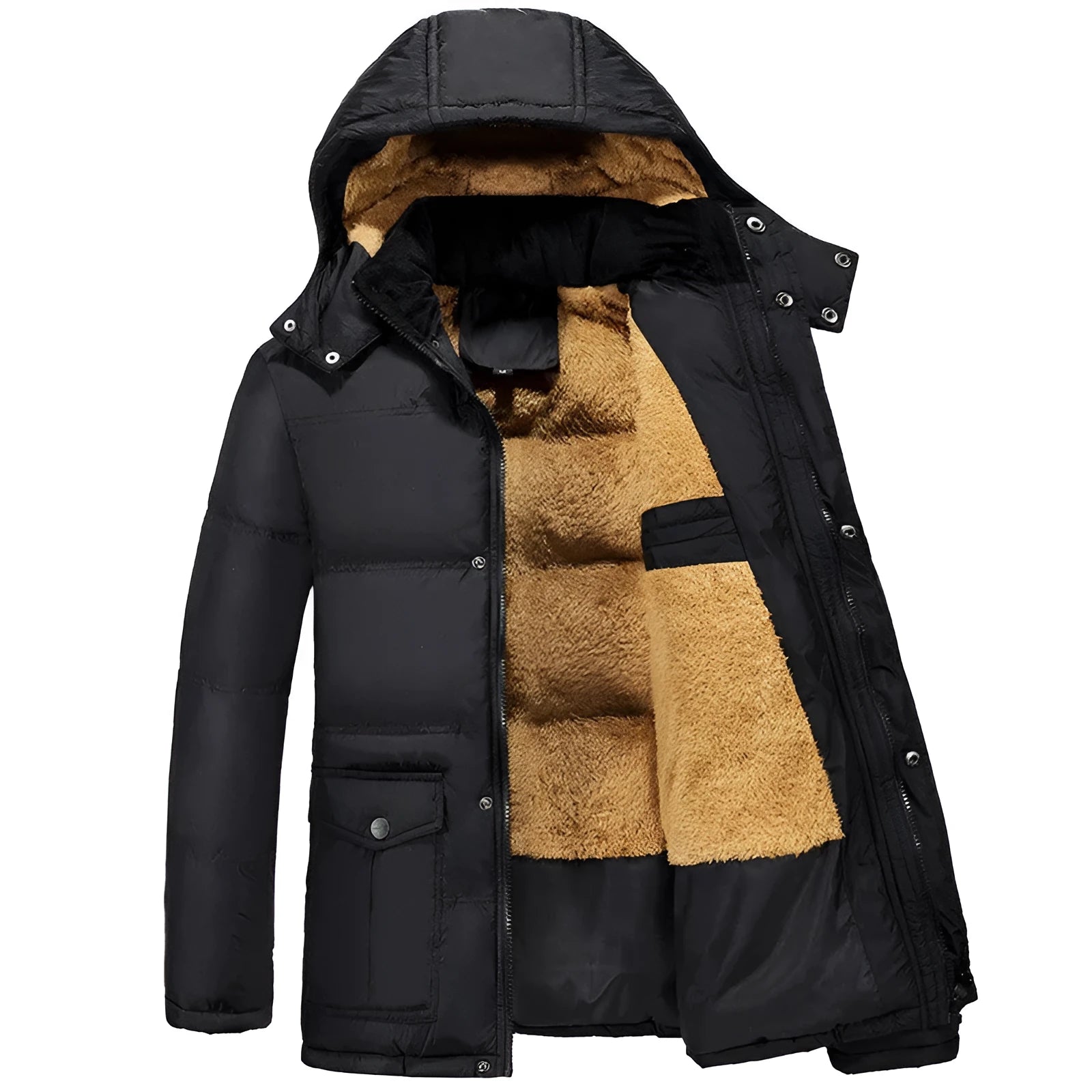 Man wearing a black velvet padded jacket with a hood and double-breasted button front
